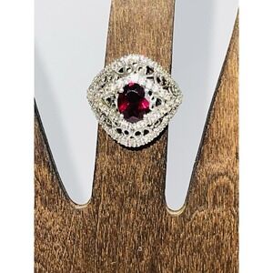 Filigree Ring 925 Vintage Sterling Silver Ruby Red Halo Oval‎ Statement Ring 6